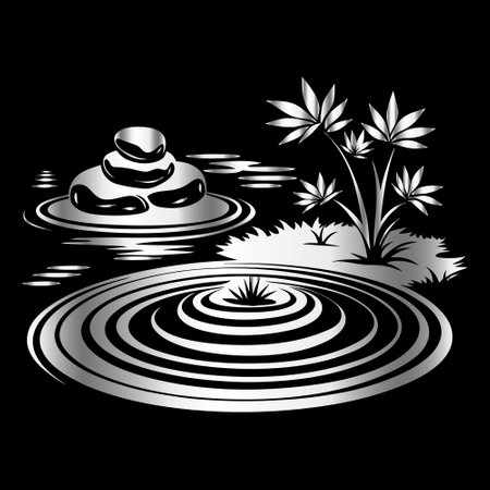 Zen garden with stones and bamboo on a black background. Vector illustration.のイラスト素材