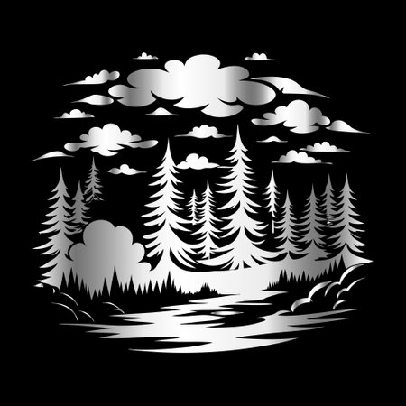 Silhouette of forest and lake on black background. Vector illustration.のイラスト素材