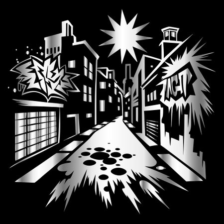 Vector illustration of the city in the style of a graffiti on a black backgroundのイラスト素材
