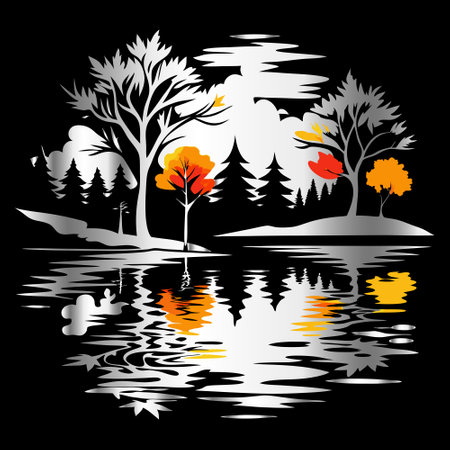 Autumn landscape with trees and reflection on water. Vector illustration.のイラスト素材