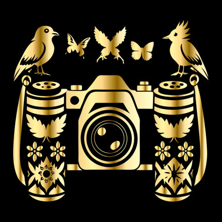 vector illustration of vintage camera with birds and flowers isolated on black backgroundのイラスト素材