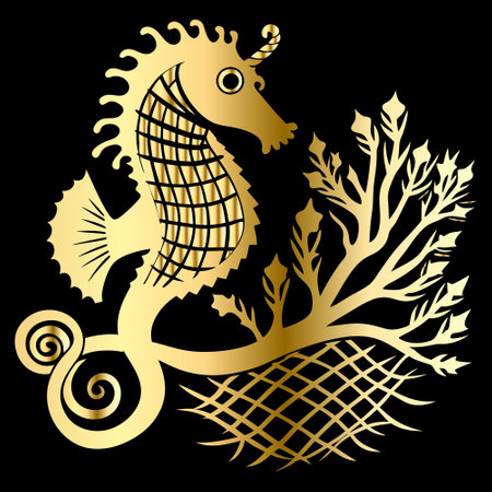 Golden seahorse and seaweed isolated on black background. Vector illustration.のイラスト素材