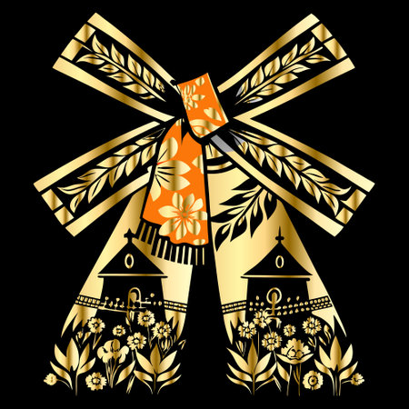 Vector illustration of a black background with a golden dragonfly and flowersのイラスト素材