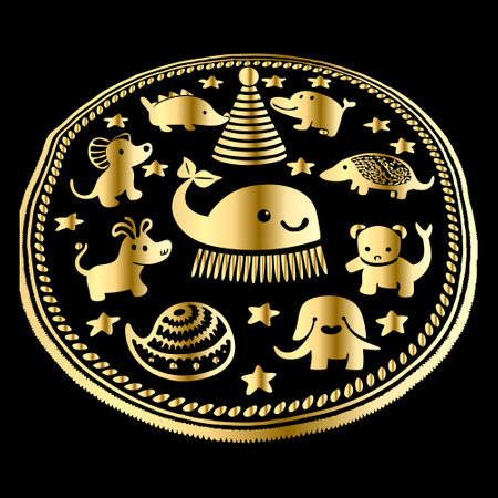 Golden round frame with animal silhouettes. Vector illustration on black background.のイラスト素材
