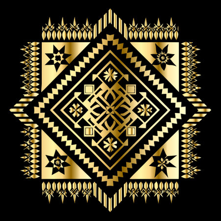 Vector illustration of a gold pattern on a black background. Geometric ornament in ethnic style.のイラスト素材