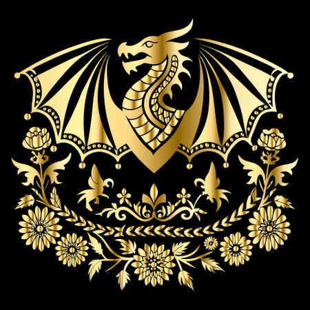 Golden dragon heraldic coat of arms isolated on black background. Vector illustration.のイラスト素材