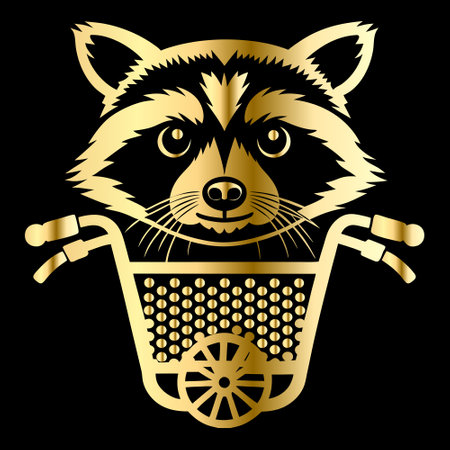 Raccoon in a shopping basket. Vector illustration on black background.のイラスト素材