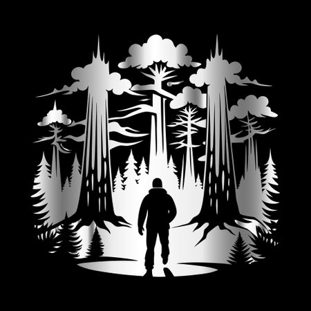 Silhouette of a man in the forest. Vector illustration.のイラスト素材