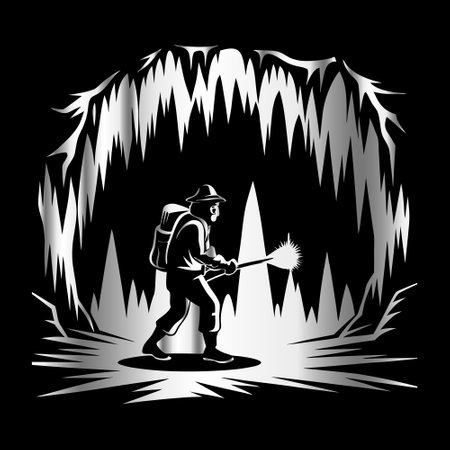 Silhouette of a worker with a broom on a black backgroundのイラスト素材