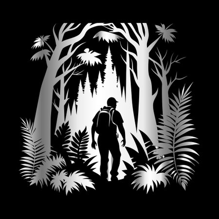 Silhouette of a tourist in the jungle. Vector illustration.のイラスト素材