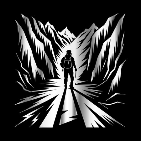 Silhouette of a man with a backpack on the background of mountains.のイラスト素材