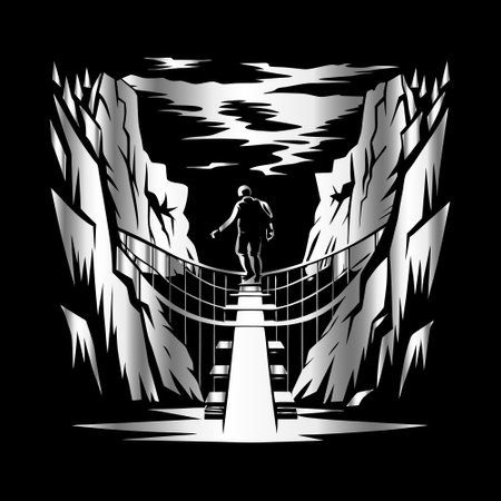 Hiking man on the bridge. Black and white vector illustration.のイラスト素材