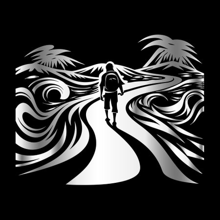 Woman walking on the road to the beach. Black and white vector illustration.のイラスト素材