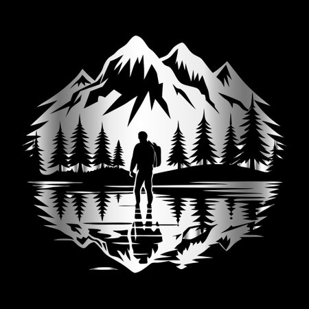 Mountains and man on the background of the lake. Vector illustration.のイラスト素材