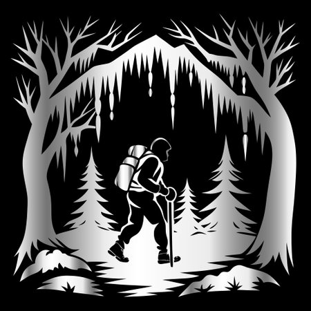 Hiker in the forest on a black background. Vector illustration.のイラスト素材