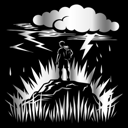 Man standing on a rock with lightning in the background. Vector illustration.のイラスト素材