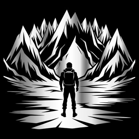 Hiker in the mountains on a black background. Vector illustration.のイラスト素材
