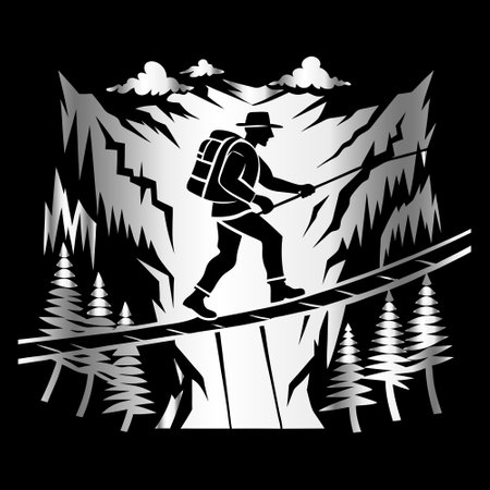 Hiking in the mountains. Vector illustration of a silhouette of a man with a backpack.のイラスト素材