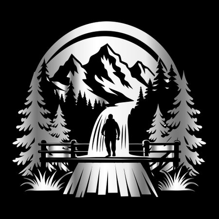 Vector illustration of a man standing on a bridge in the mountains.のイラスト素材