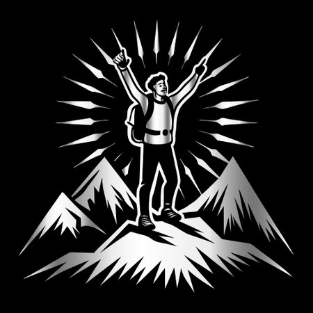 Hiker on the top of the mountain with raised hands. Vector illustration.のイラスト素材