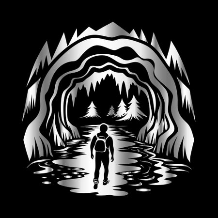 Mountain landscape with a girl and a cave. Vector illustration.のイラスト素材