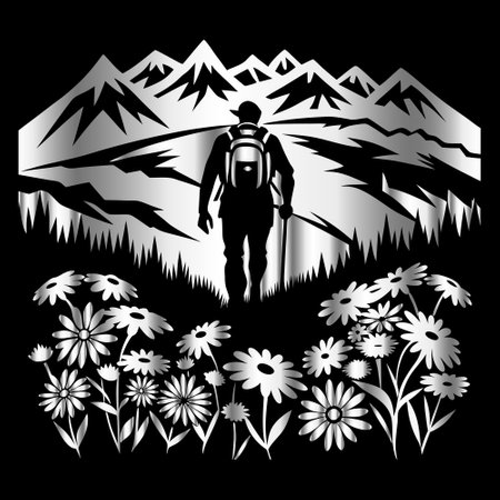 Hiker with backpack on the background of mountains and flowers. Vector illustration.のイラスト素材