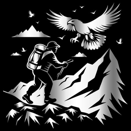 Hiker with a backpack, mountains and eagle. Vector illustration.のイラスト素材