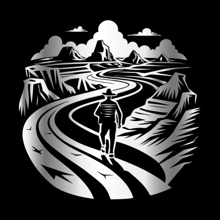 Road in the mountains. Vector illustration of a man running on the road.のイラスト素材