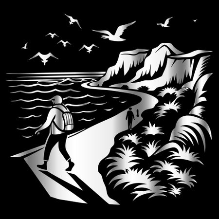 Traveler on the background of the sea and mountains. Vector illustrationのイラスト素材