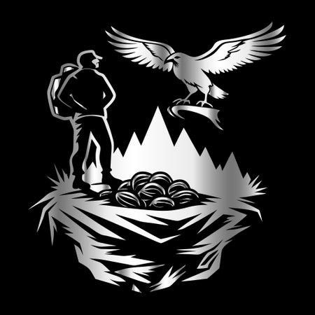 Eagle hunter in the nest. Vector illustration on black background.のイラスト素材