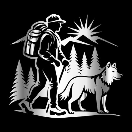 Hiker with backpack and dog. Vector illustration on black background.のイラスト素材