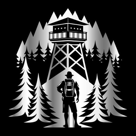 Silhouette of a man with a backpack on the background of the forest and a high towerのイラスト素材