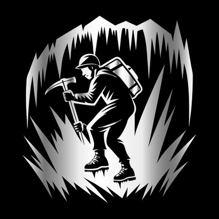 Hiker with ice ax. Vector illustration on a black background.のイラスト素材