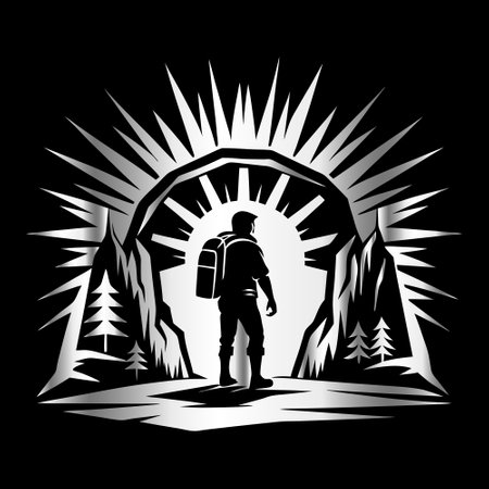 Hiker in the forest. Vector illustration on a black background.のイラスト素材