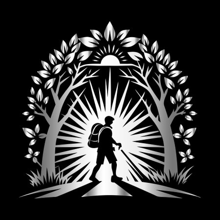 Silhouette of a hiker with a backpack on a black background.のイラスト素材