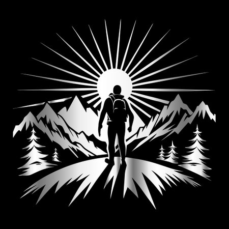 Hiker in the mountains. Vector illustration on a black background.のイラスト素材