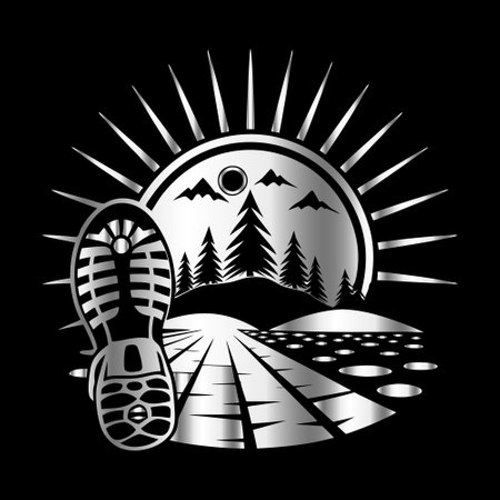 Mountain, sun and footprints. Vector illustration on black background.のイラスト素材