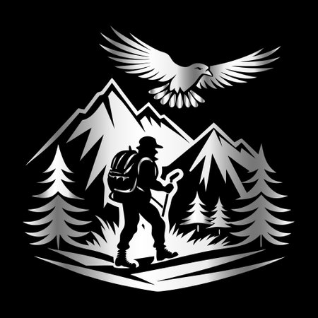 Hiker with a backpack and a bird in the mountains. Vector illustration.のイラスト素材