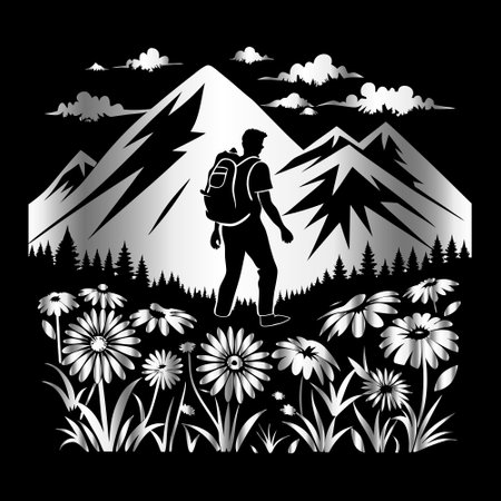 Hiker in the mountains with a backpack and flowers. Vector illustrationのイラスト素材