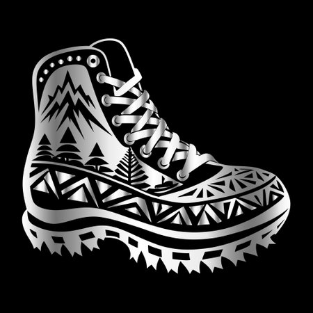 Black and white illustration of a pair of hiking boots on a black backgroundのイラスト素材