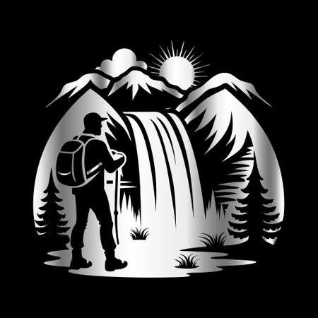 Hiker with a backpack standing in front of a waterfall. Vector illustration.のイラスト素材