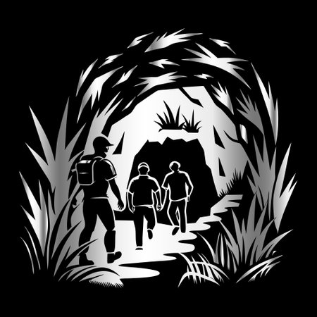 Family in a cave. Vector illustration on black background. Eps 10.のイラスト素材