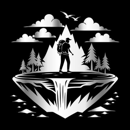 Hiking in the mountains, vector illustration on a black background.のイラスト素材