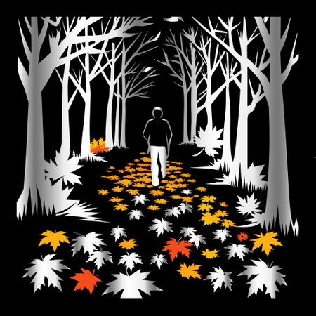 Autumn forest with trees, leaves and a man. Vector illustration.のイラスト素材