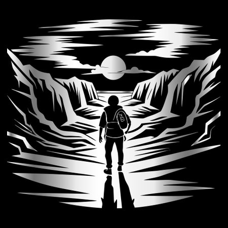 Hiker in the mountains on a background of the sun. Vector illustrationのイラスト素材