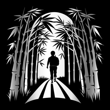 Silhouette of a man walking through the bamboo forest, black and white vector illustrationのイラスト素材