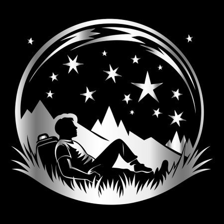 Hiking man in the mountains. Vector illustration on black background.のイラスト素材