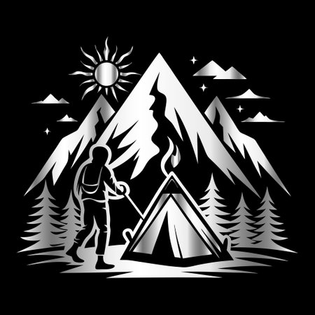Silhouette of a tourist with a tent in the mountains. Vector illustration.のイラスト素材