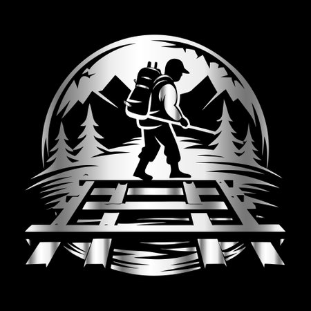 Hiking in the mountains. Vector illustration on a black background.のイラスト素材