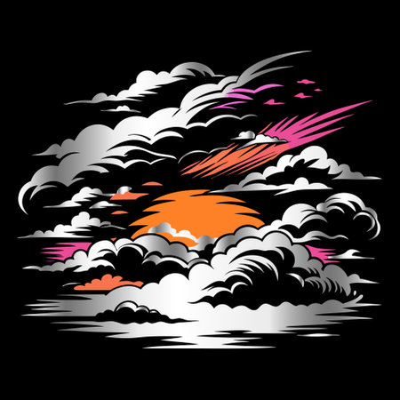 Night sky with clouds and rays of the sun. Vector illustration.のイラスト素材